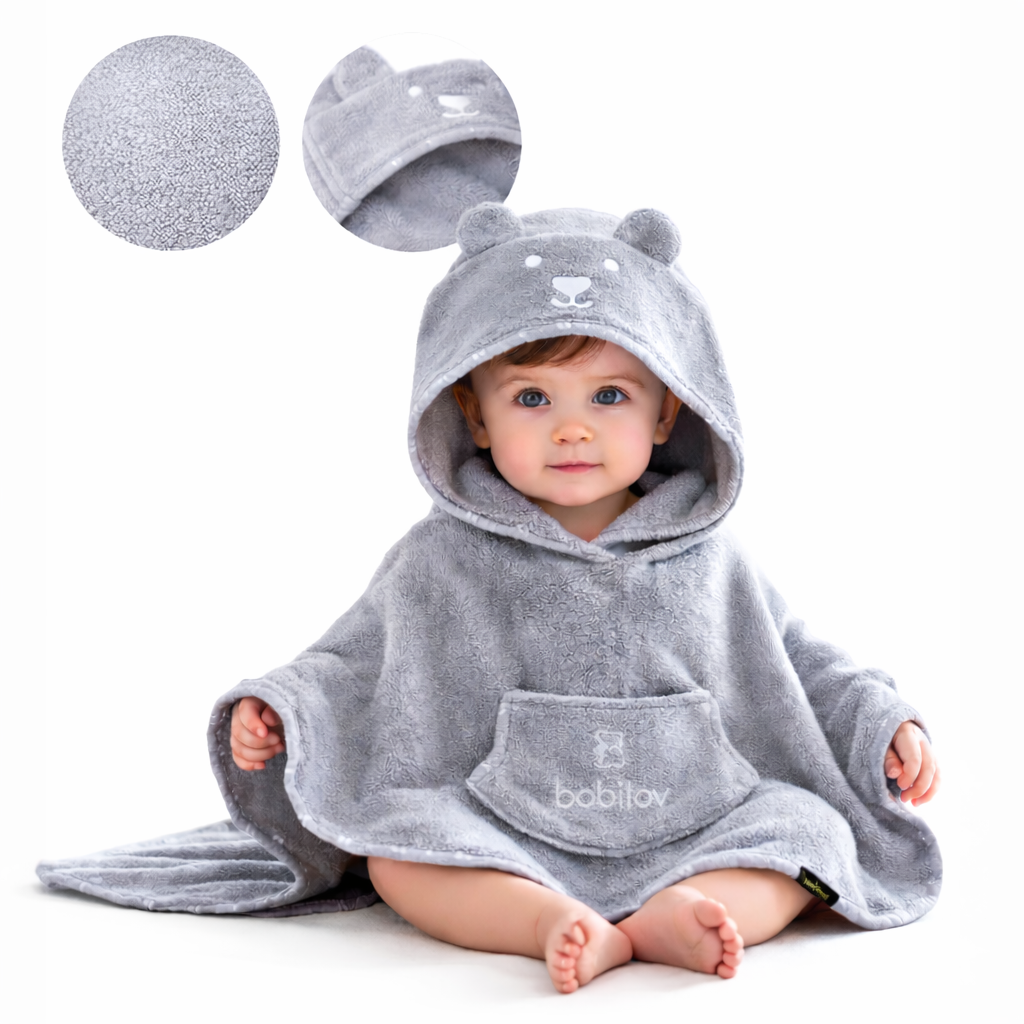 BATHROBE PONCHO WITH POCKET FROTTE TEDDY GREY