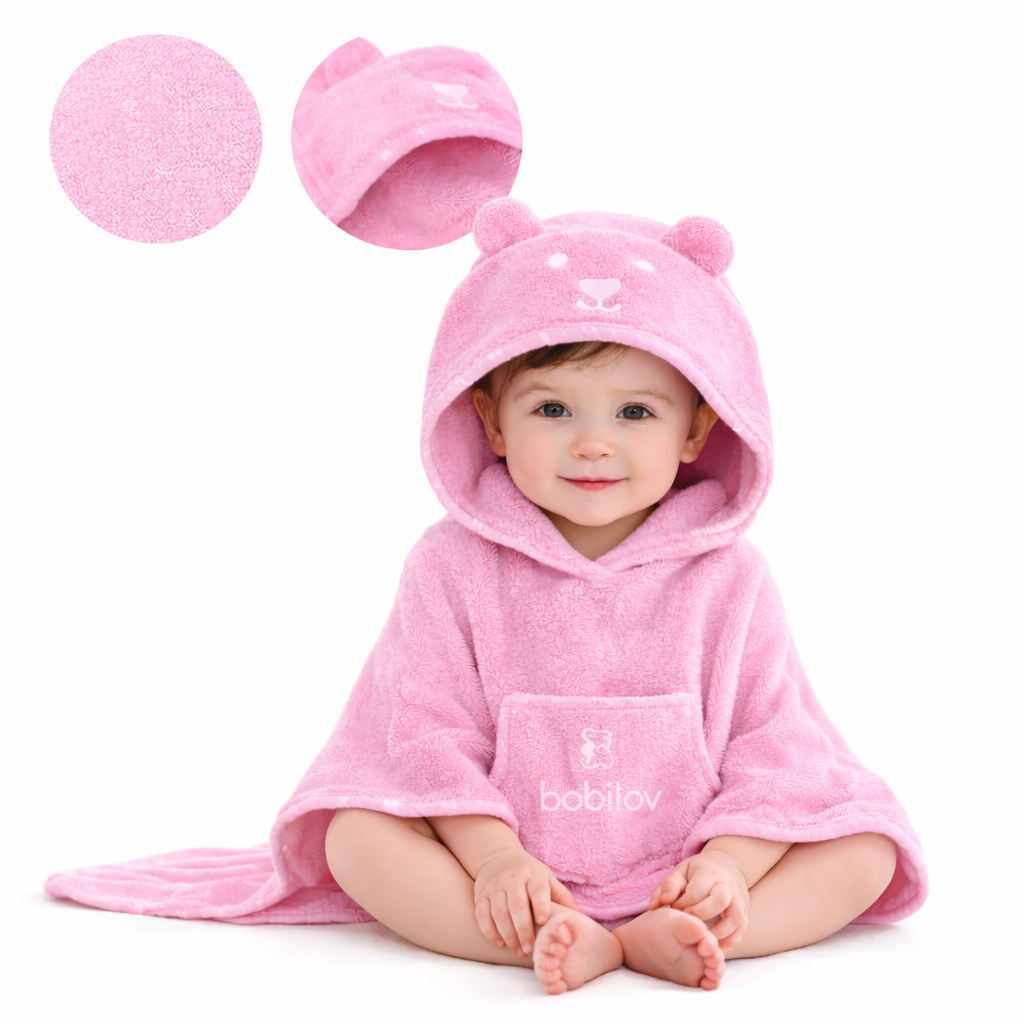 BATHROBE PONCHO WITH POCKET FROTTE TEDDY PINK