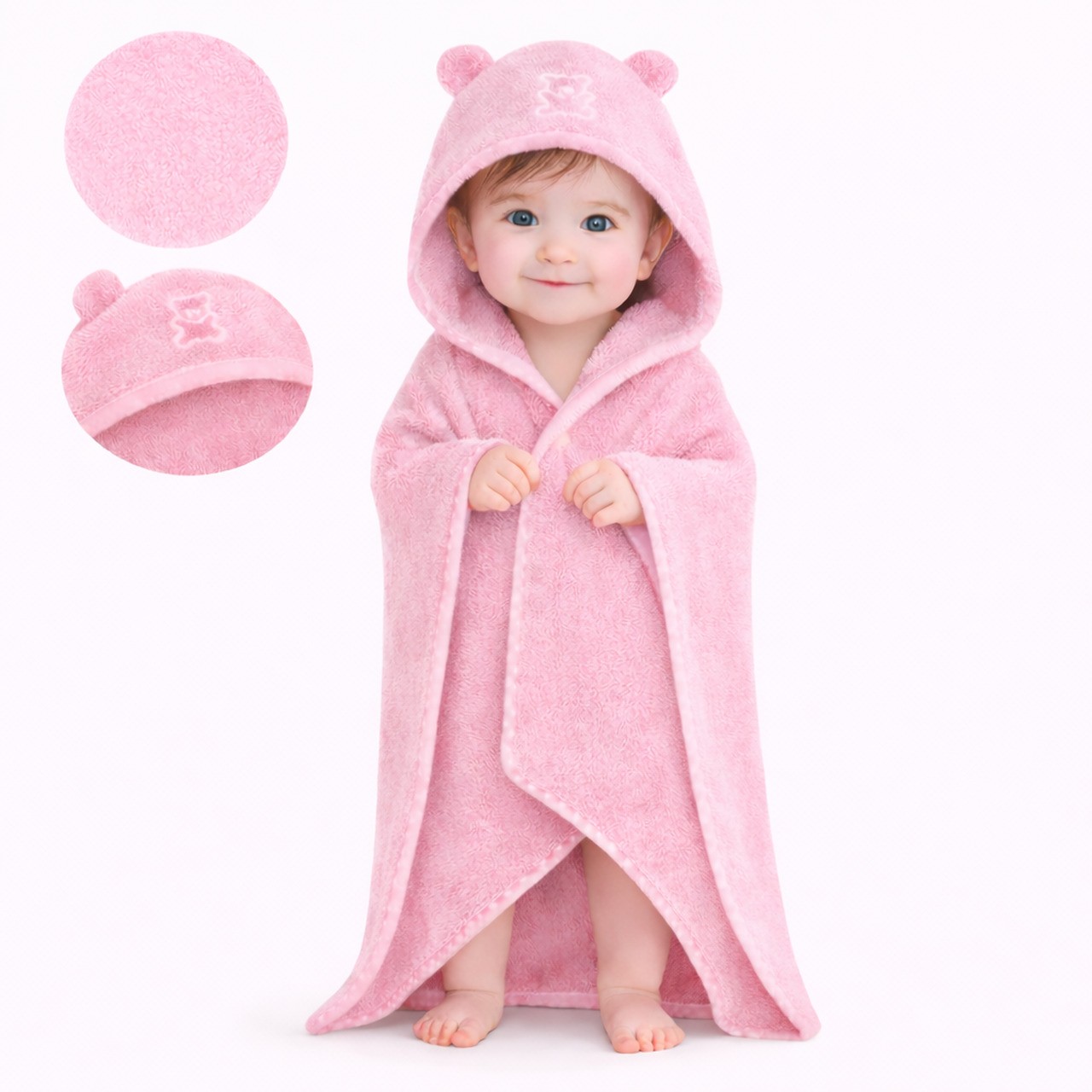 HOODED BATH TOWEL FROTTE TEDDY PINK