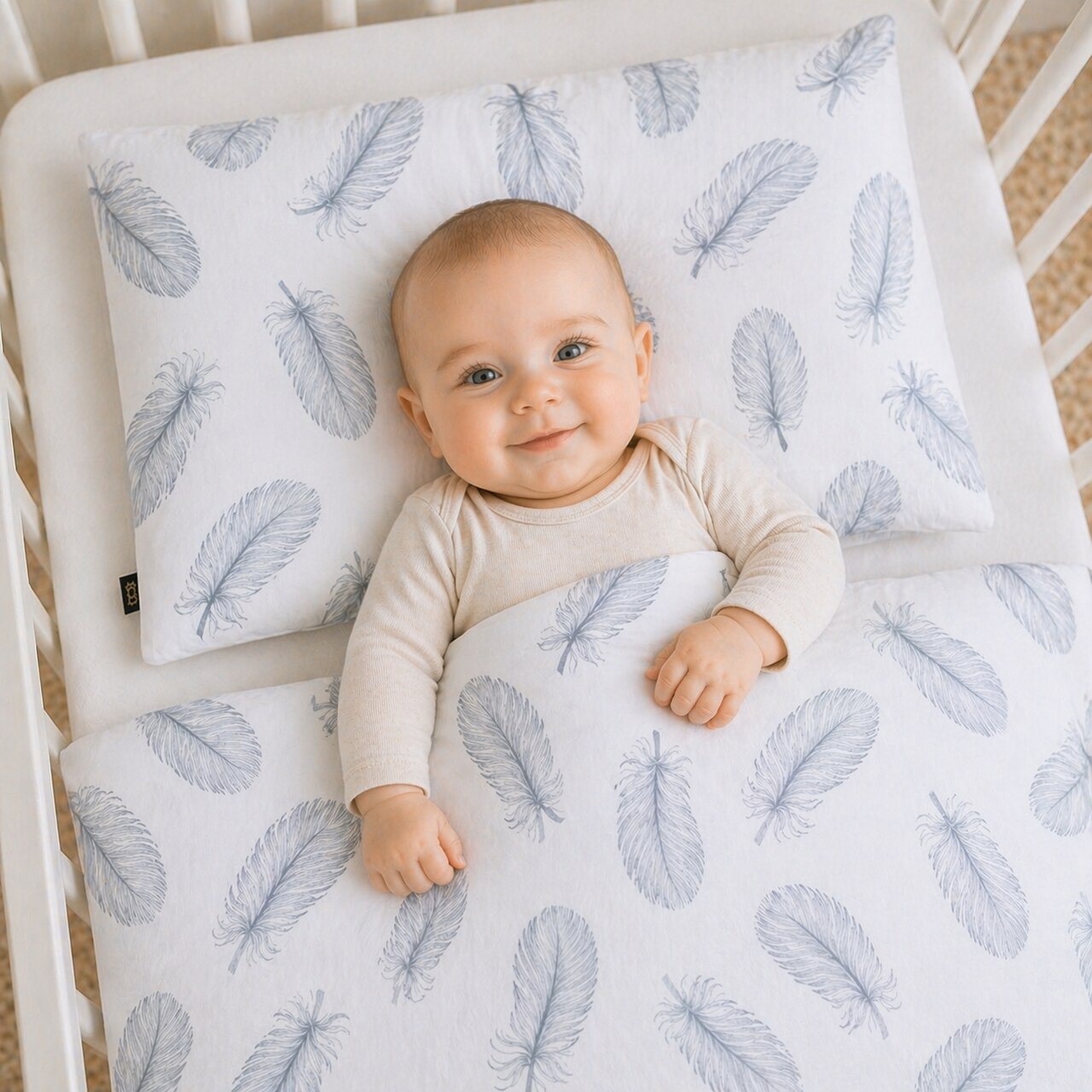 REVERSIBLE BABY BEDDING SET GREY FEATHERS 