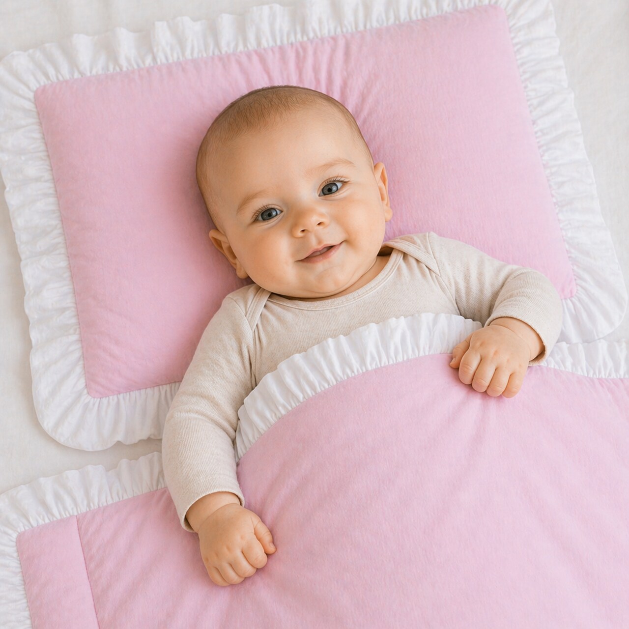 CRIB BEDDING SET WITH FLOUNCE PINK