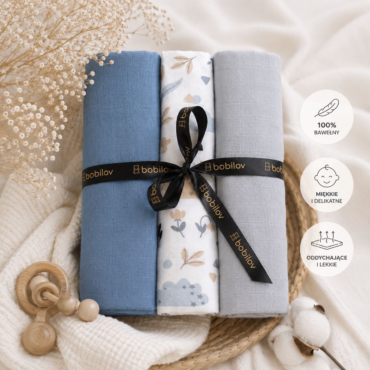 HIGHEST QUALITY MUSLIN SWADDLE BLANKETS 3-PACK PREMIUM POLANA