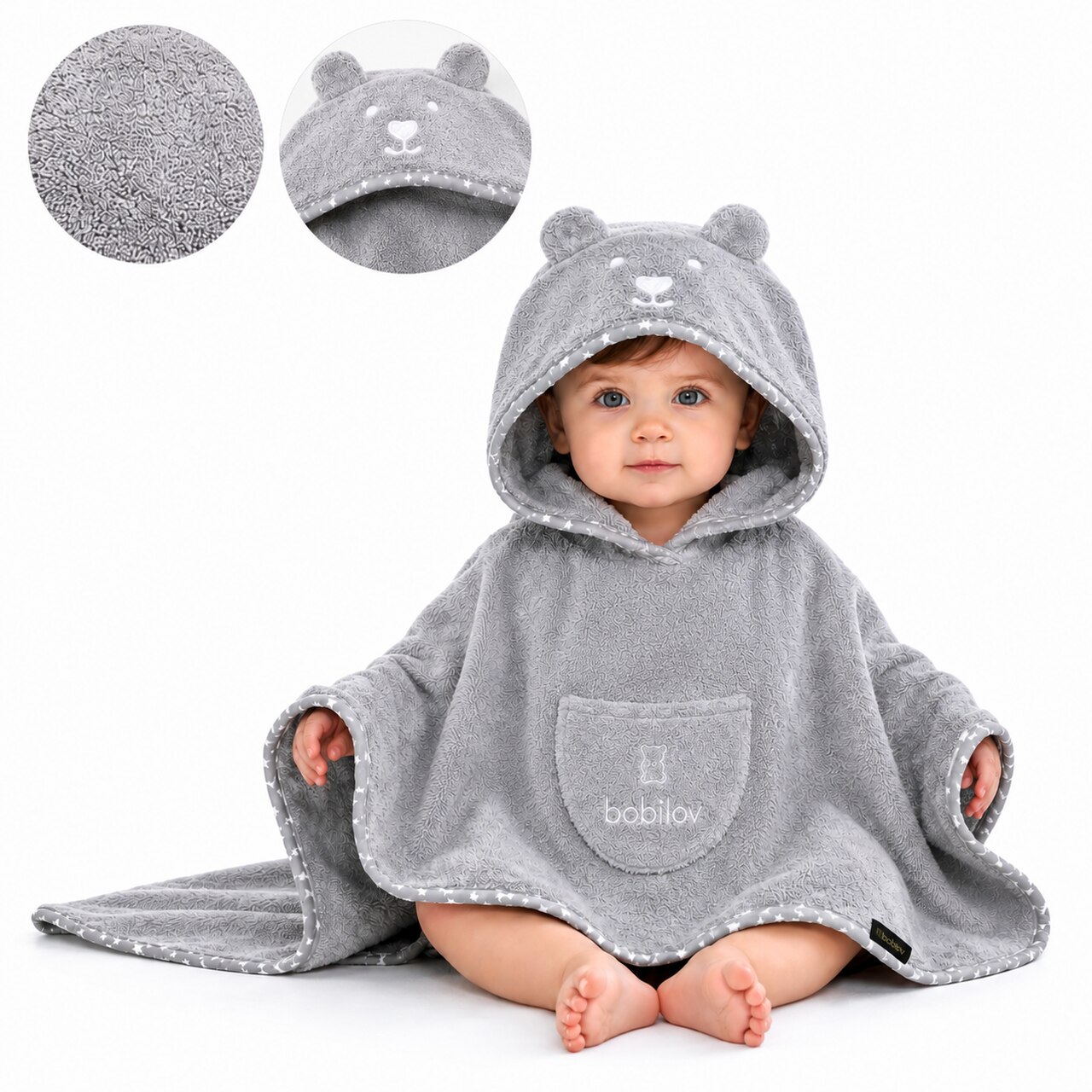 BATHROBE PONCHO WITH POCKET FROTTE TEDDY GREY