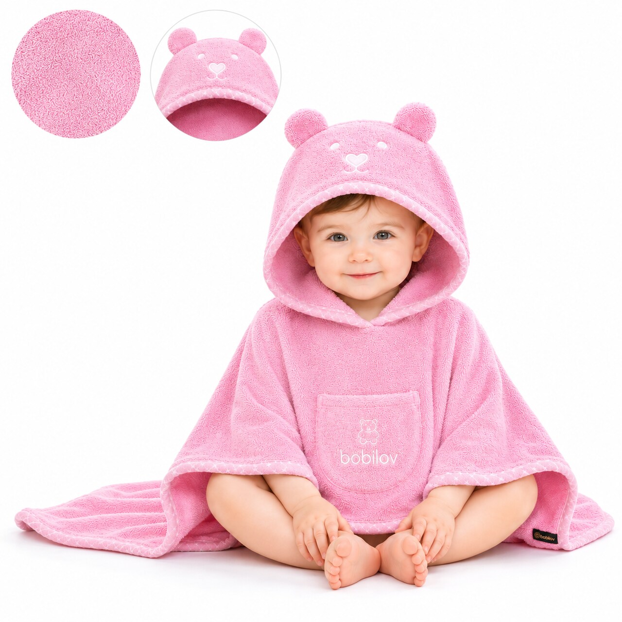 BATHROBE PONCHO WITH POCKET FROTTE TEDDY PINK