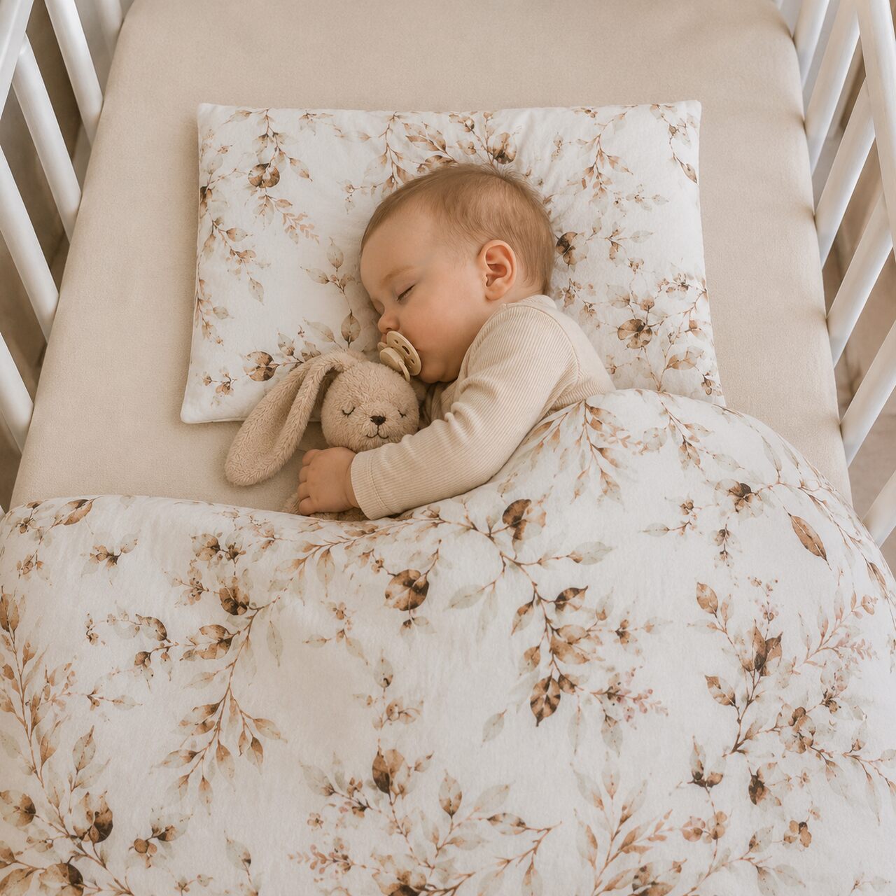 REVERSIBLE BABY BEDDING SET EUCALYPTUS BROWN