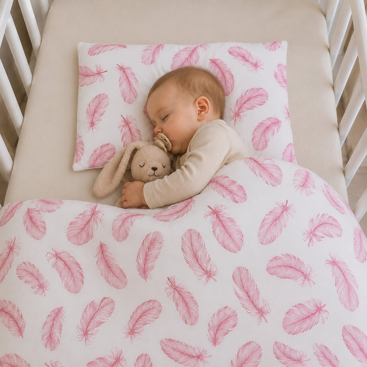 REVERSIBLE BABY BEDDING SET PINK FEATHERS 