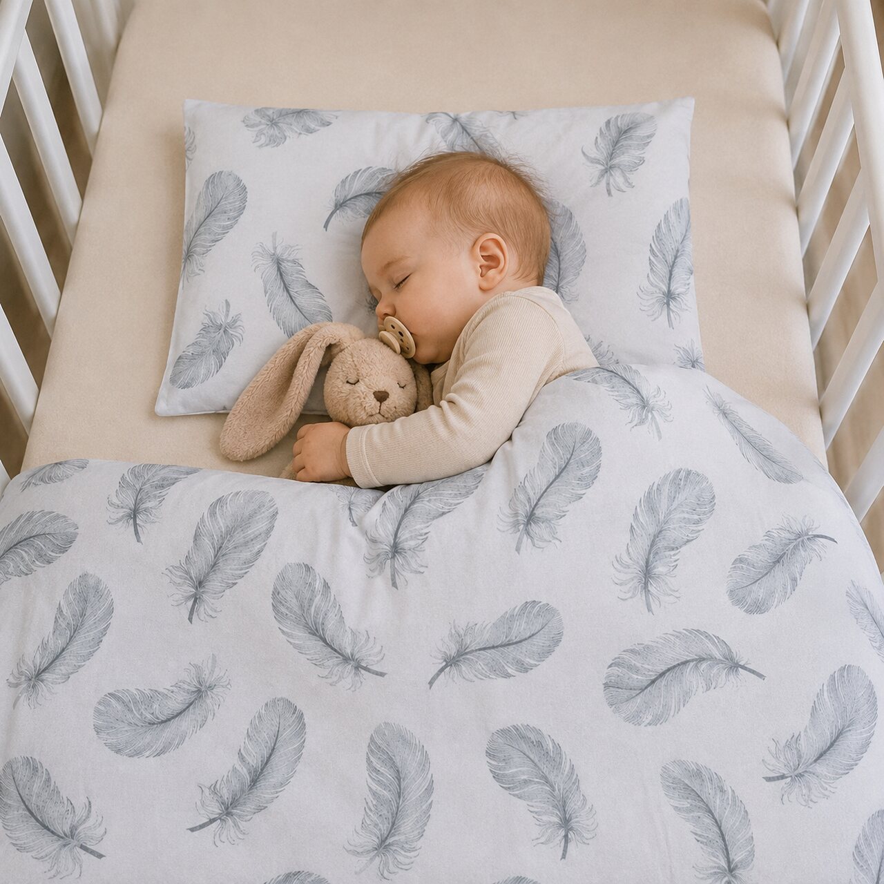 REVERSIBLE BABY BEDDING SET GREY FEATHERS 